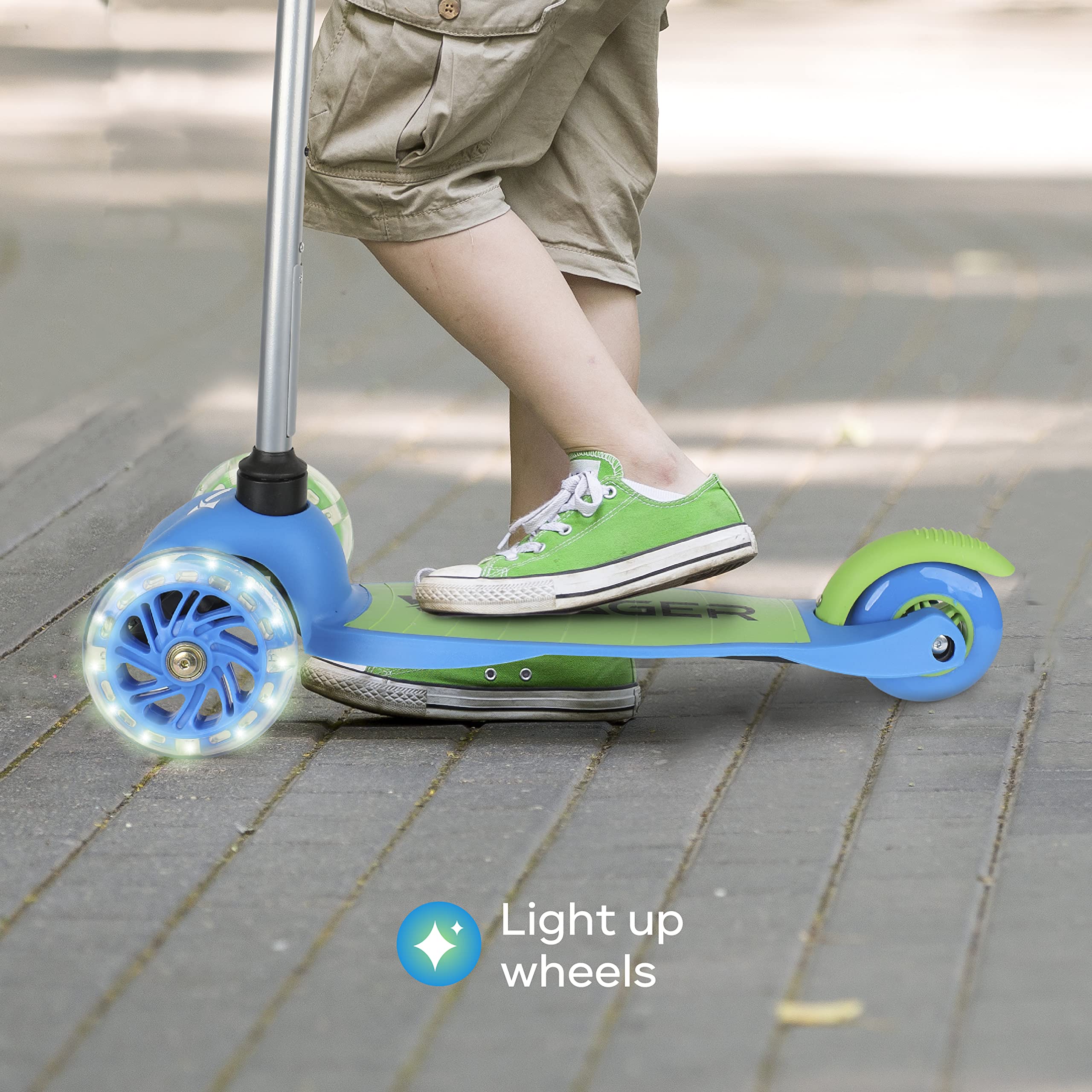 Voyager scooter next to backpack showing compact size and portability