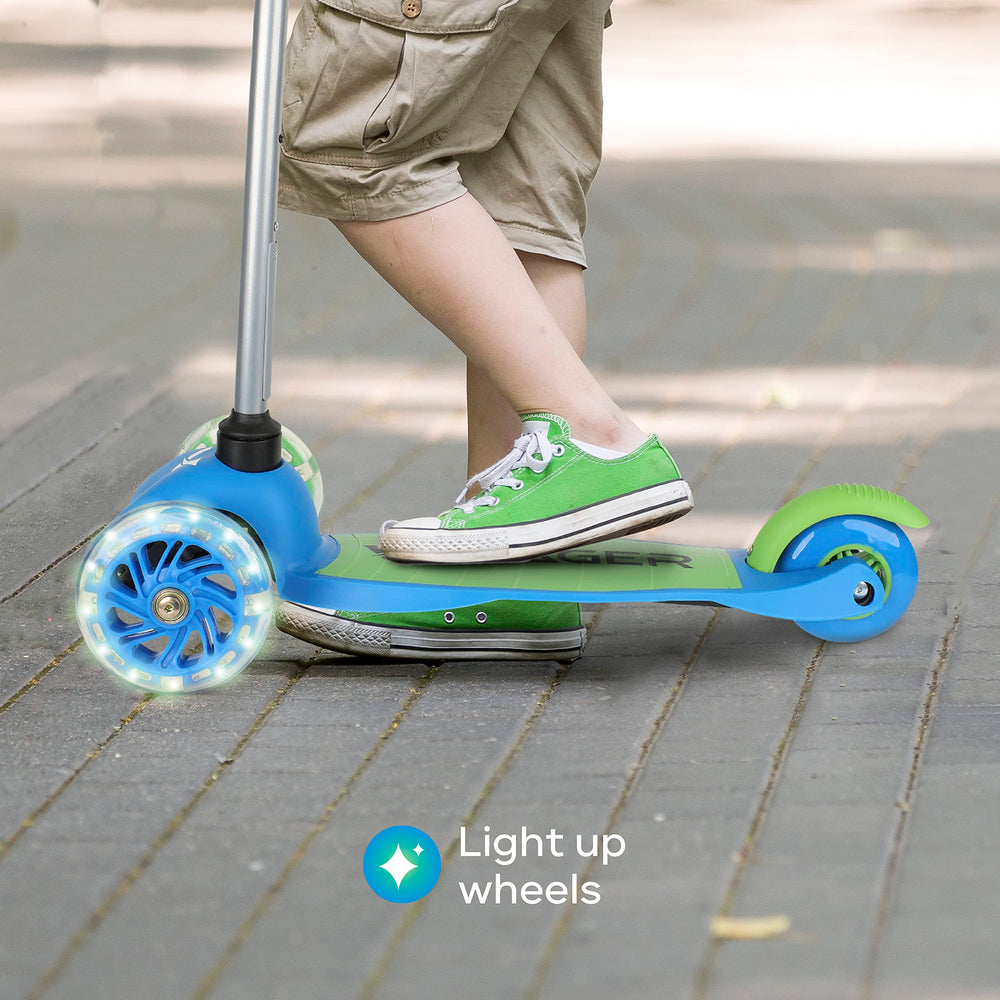 Voyager scooter next to backpack showing compact size and portability