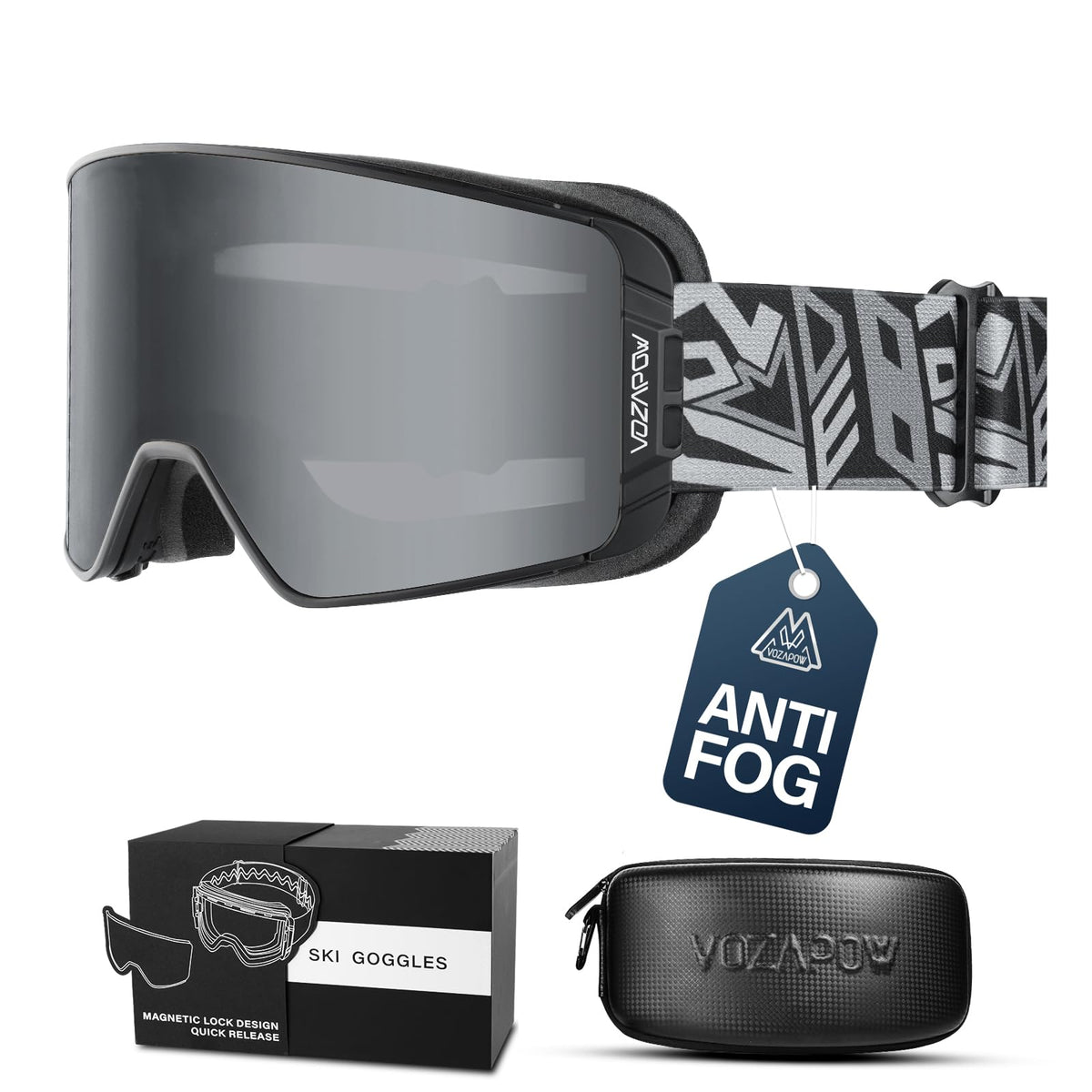 VOZAPOW front view of goggles showing frame and strap, offering secure fit