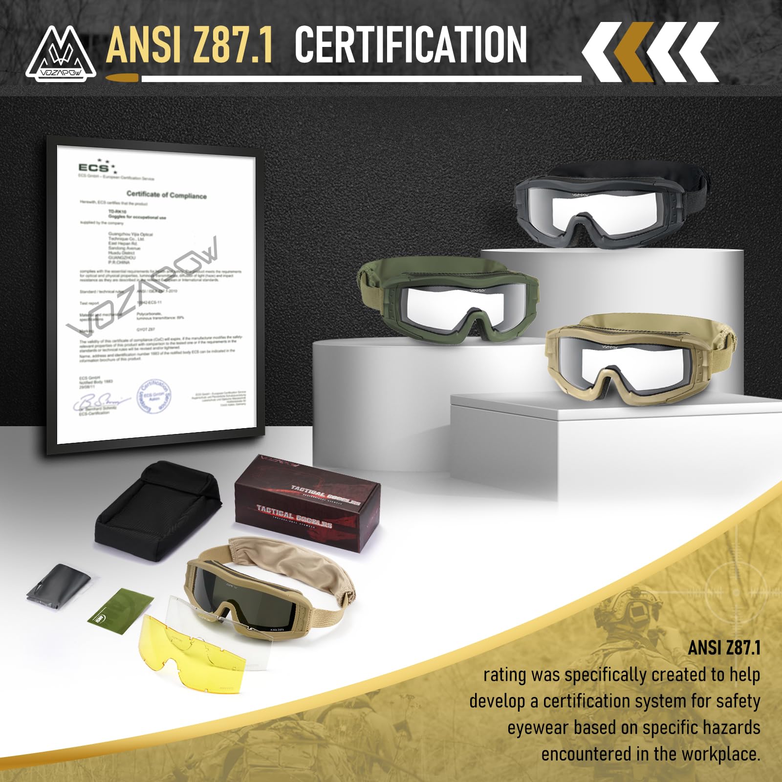 VOZAPOW goggles worn in airsoft match demonstrating clear vision and stability