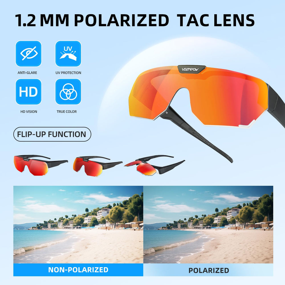 VOZAPOW polarized lens close-up showing glare-reducing texture
