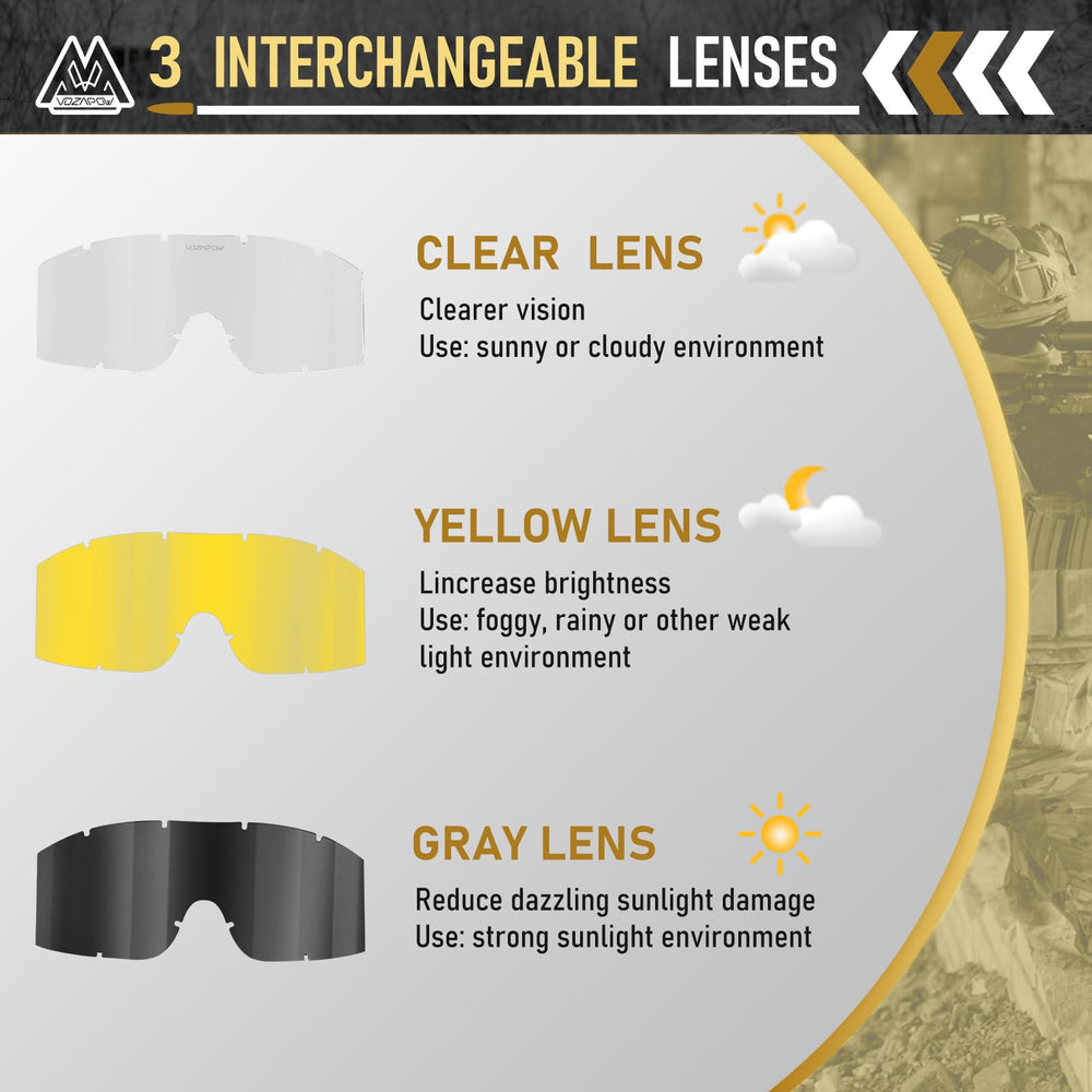 VOZAPOW lens detail showing UV400 marking and scratch-resistant benefit