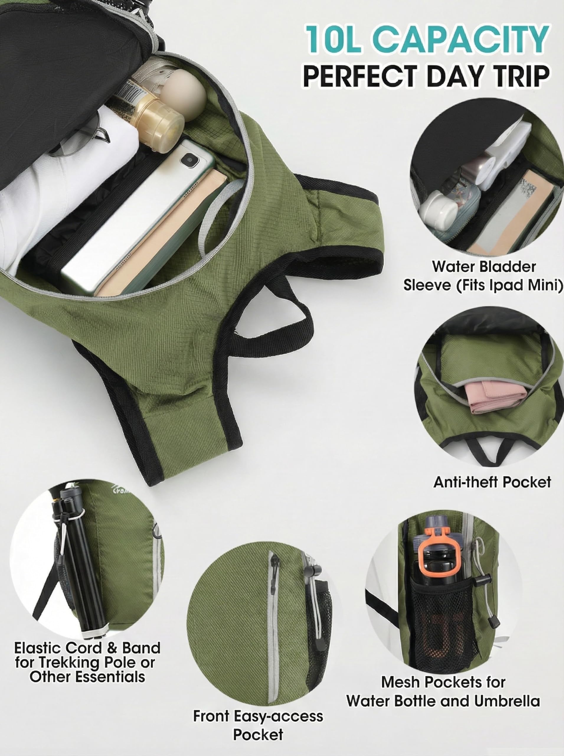 VPBAGE backpack folded into its inner pocket for compact storage benefit