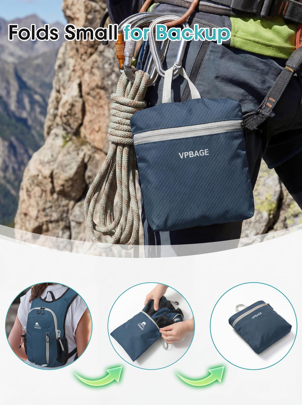 VPBAGE pack folded into its inner pocket, small sandwich-size for storage