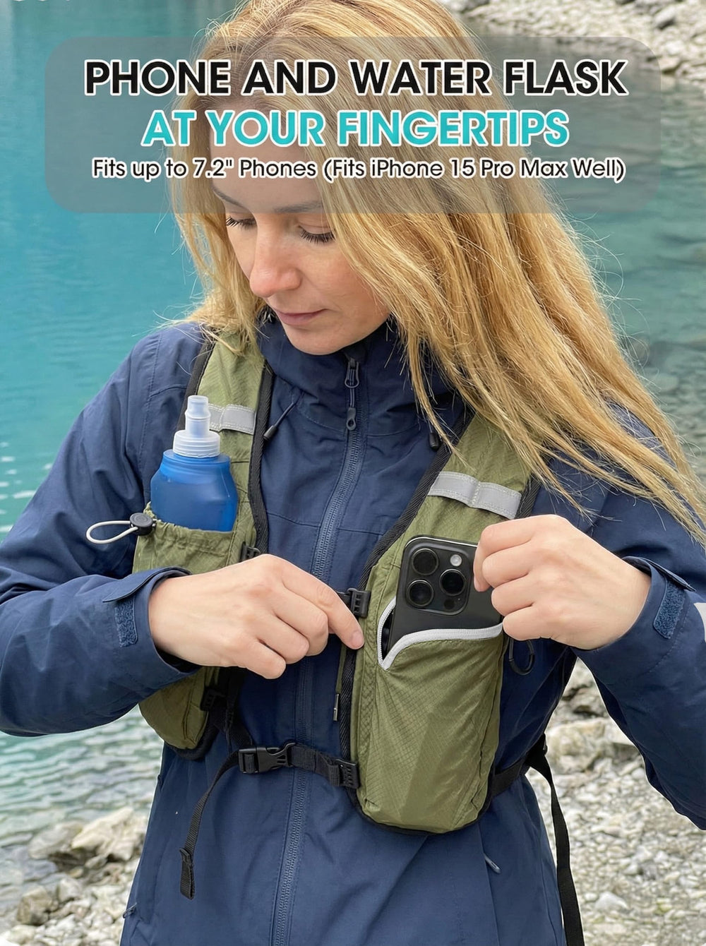 VPBAGE close-up of shoulder strap zipper pocket securing a smartphone