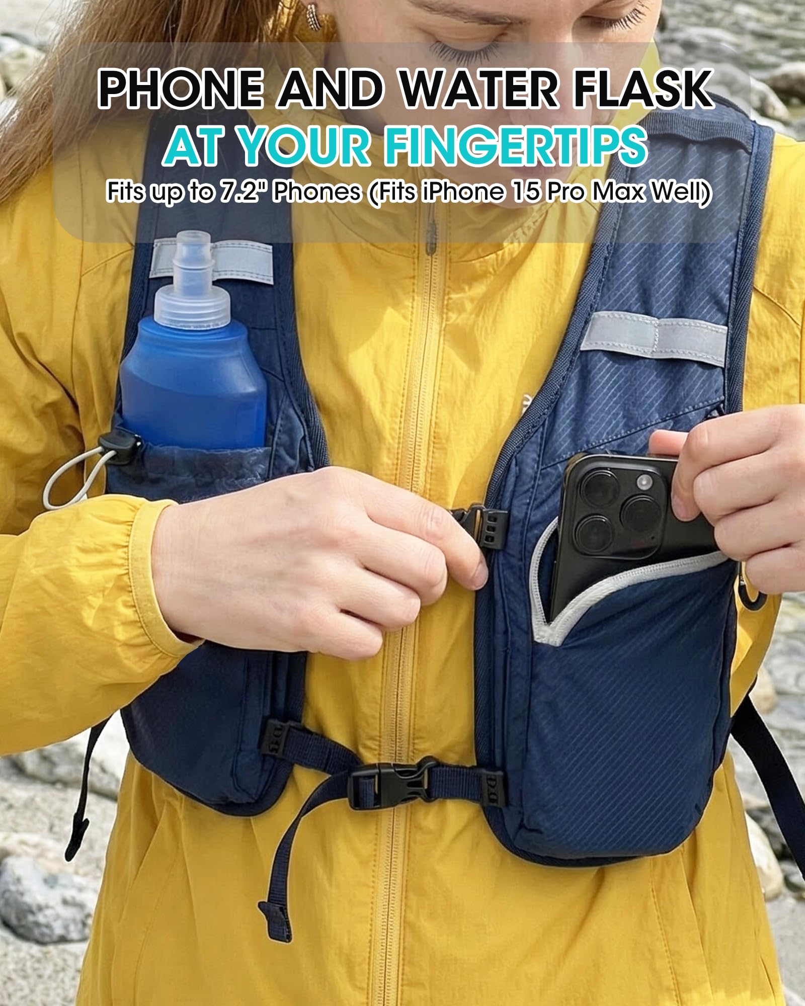 VPBAGE close-up of shoulder strap zip pocket securing a phone, fast access benefit