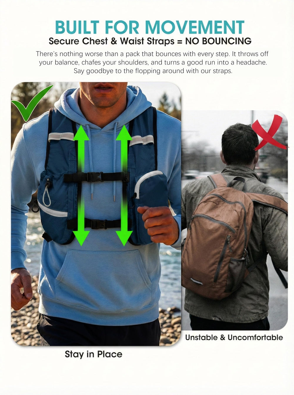 VPBAGE strap drawstring pouch holding a water flask, quick hydration on the move