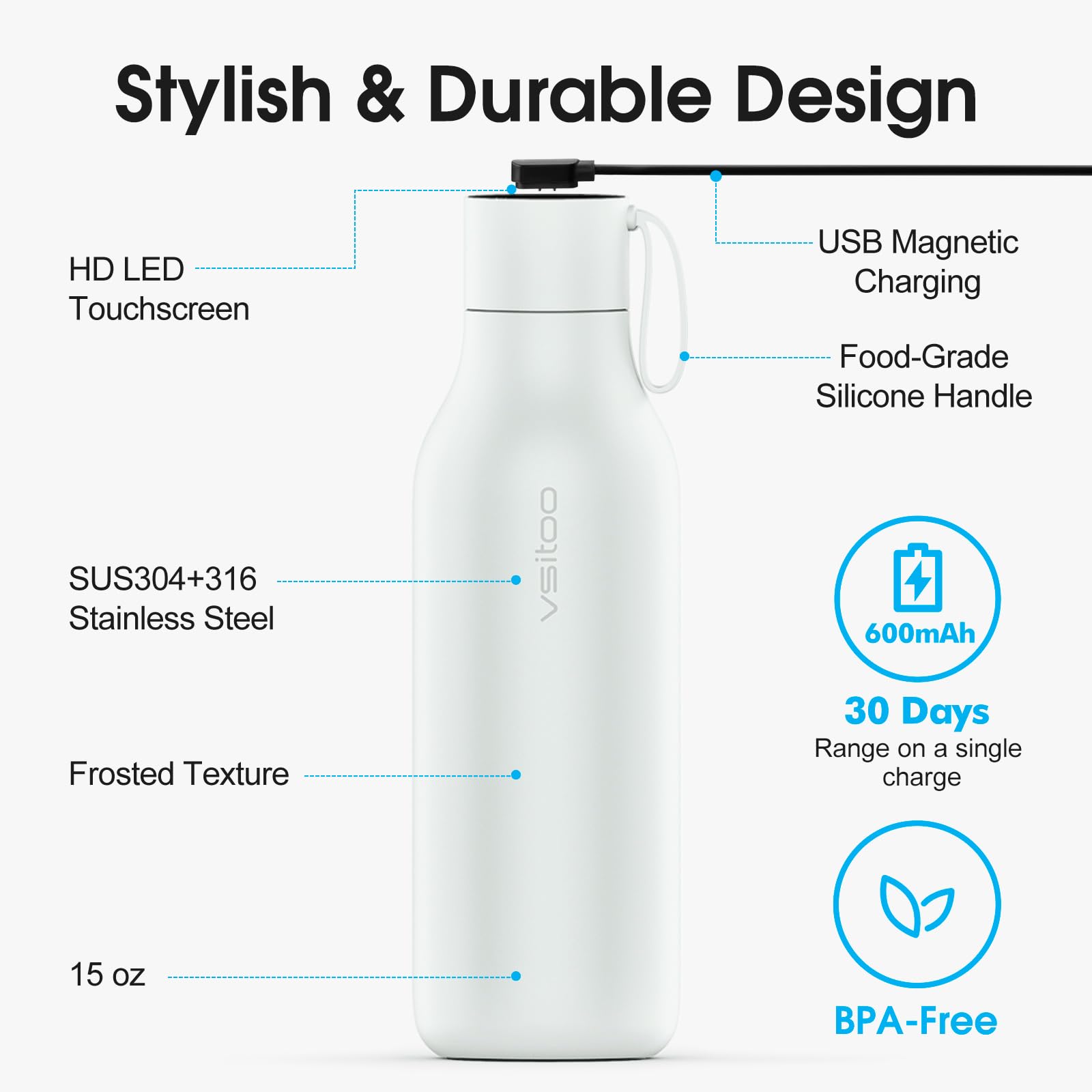 VSITOO bottle filled with ice demonstrating 24-hour cold retention