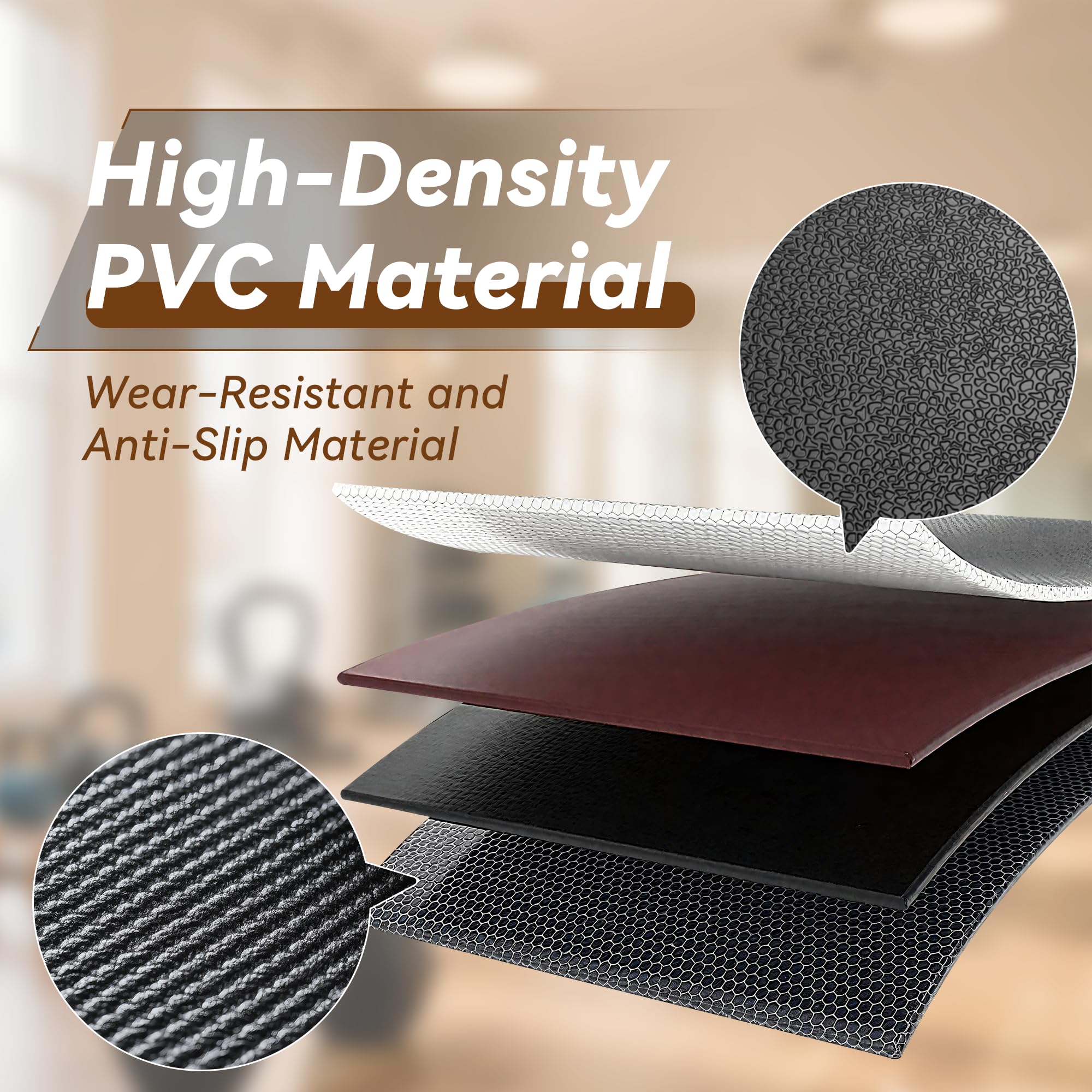 VTORY mat under bench in home gym showing sweat protection and quieter workouts
