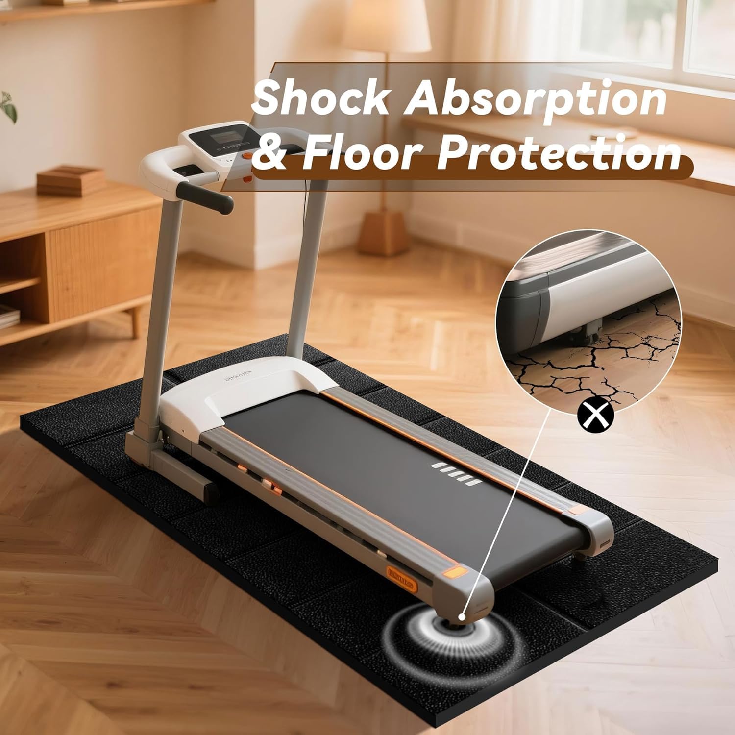 VTORY treadmill placed on mat demonstrating reduced vibration and stability