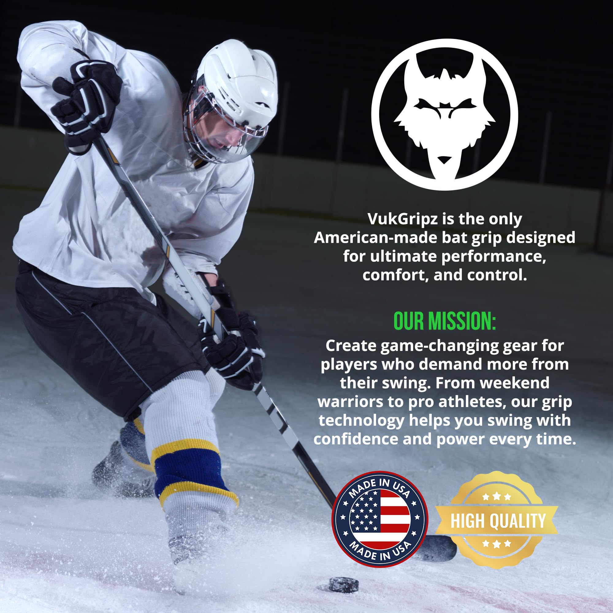 VukGripz on stick in rink setting illustrating reliable traction in cold conditions