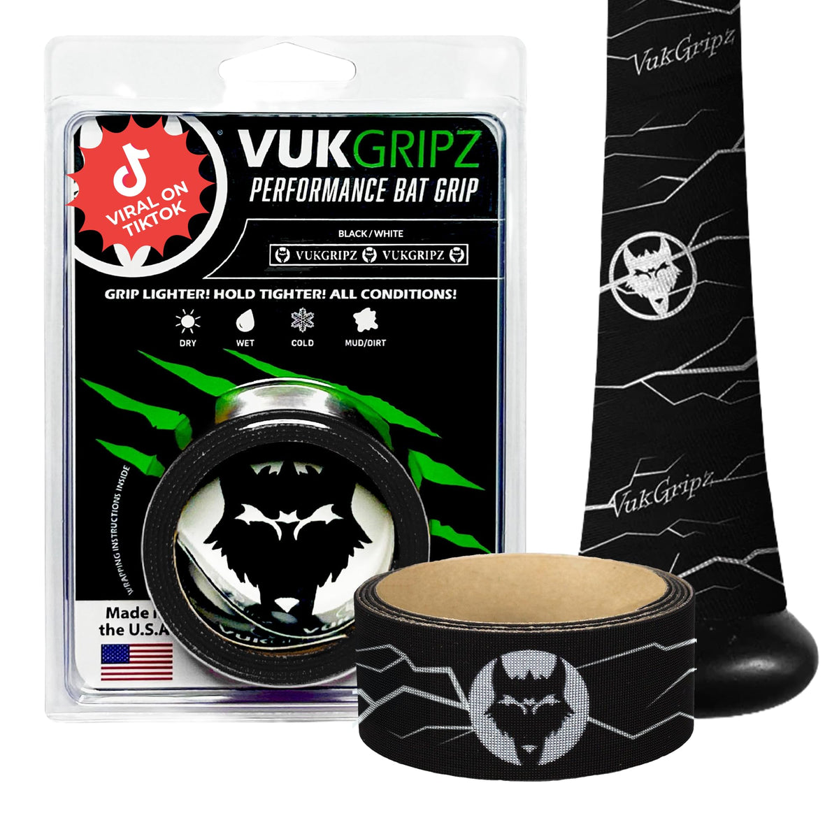 VukGripz front packaging showing black Pulse grip tape and clear branding benefit durability