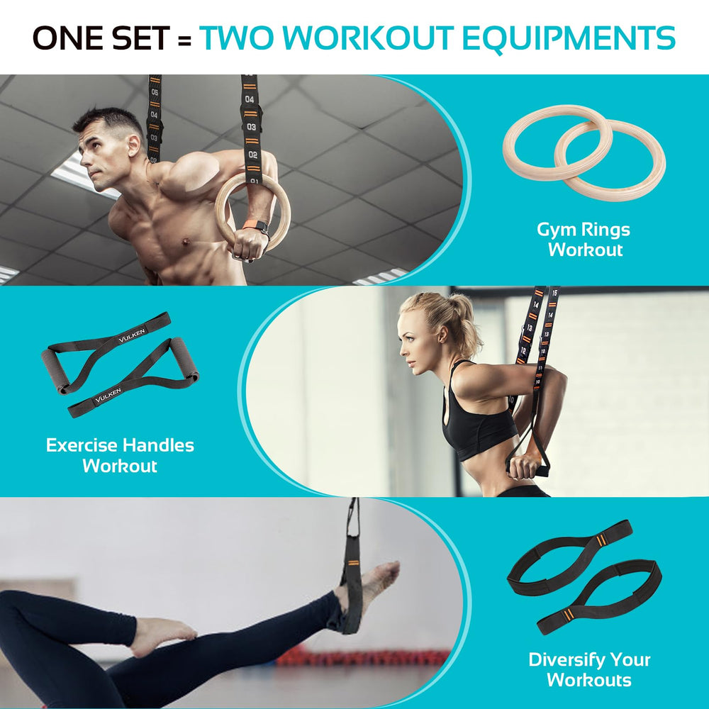 Vulken rings in use for pull-up demonstrating stable grip and workout versatility