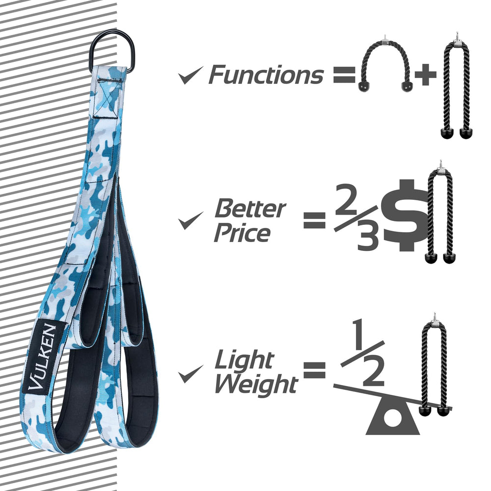 Vulken tricep rope in a home gym scene showing compact storage and versatile workout use