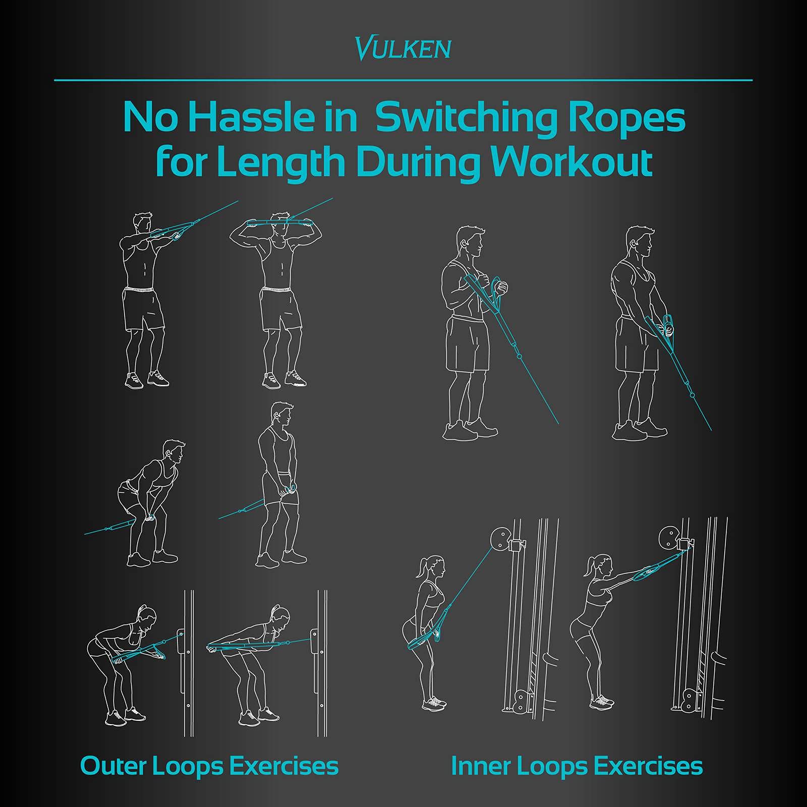 Vulken tricep rope laid beside a ruler to show 24" and 17" lengths for easy equipment sizing