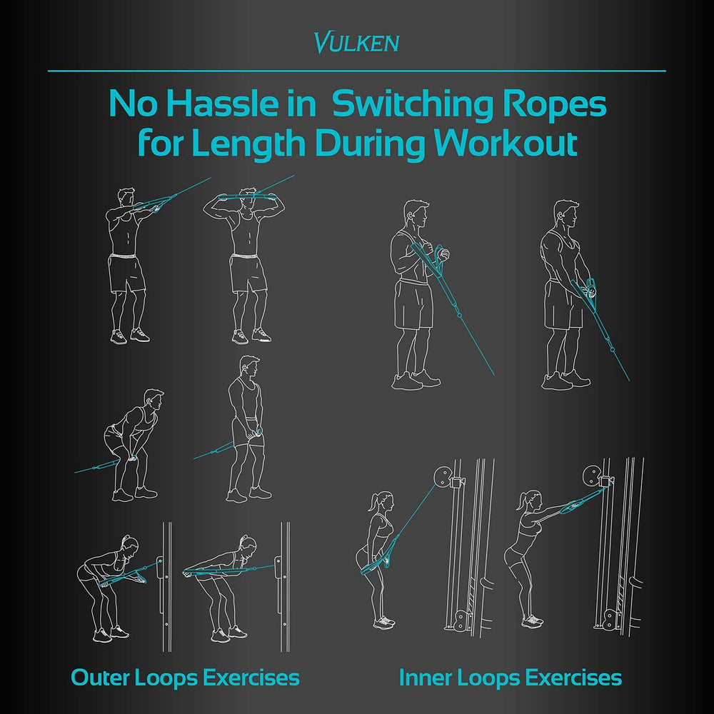 Vulken tricep rope laid beside a ruler to show 24" and 17" lengths for easy equipment sizing