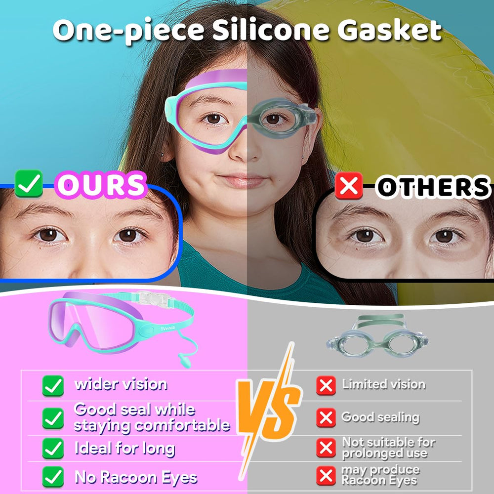 Vvinca goggles worn by a child in a pool showing comfortable fit and visibility