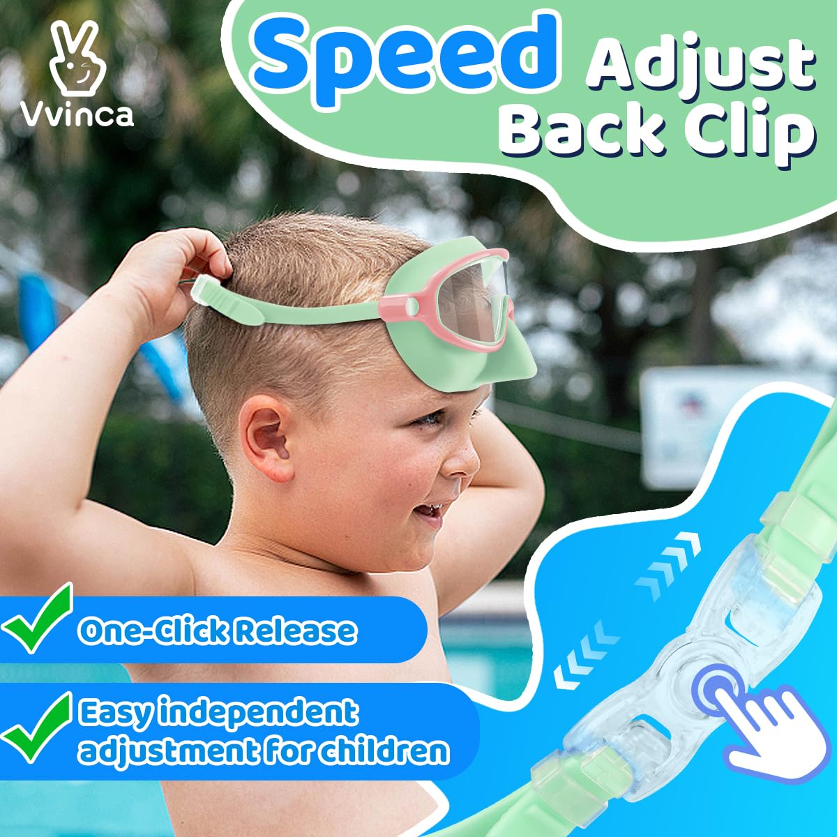 Vvinca goggles held in hand to show scale and suitability for ages 3 to 12