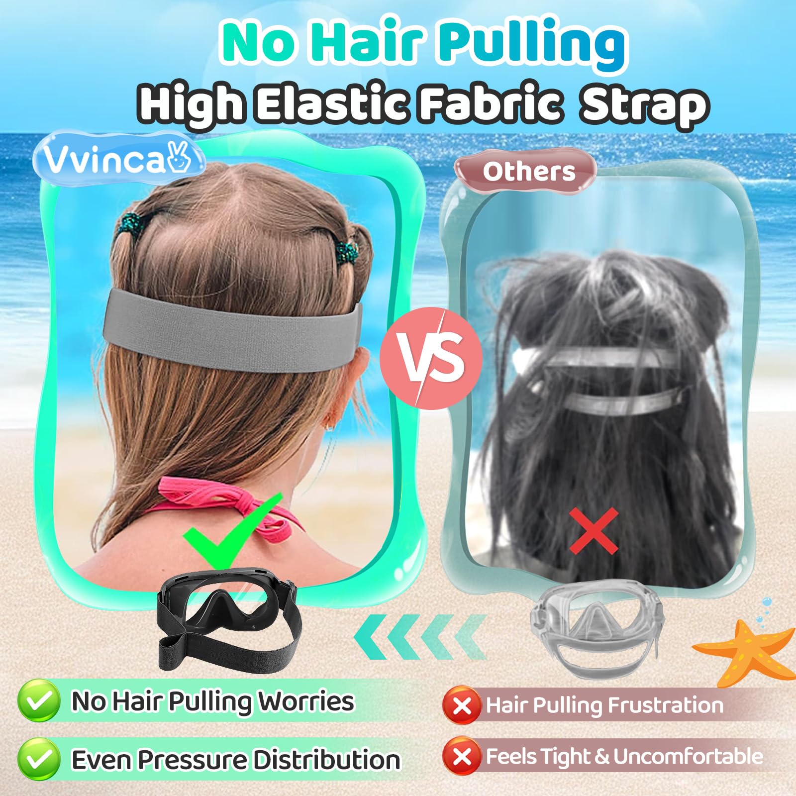 Vvinca soft fabric strap detail preventing hair-pull and improving comfort