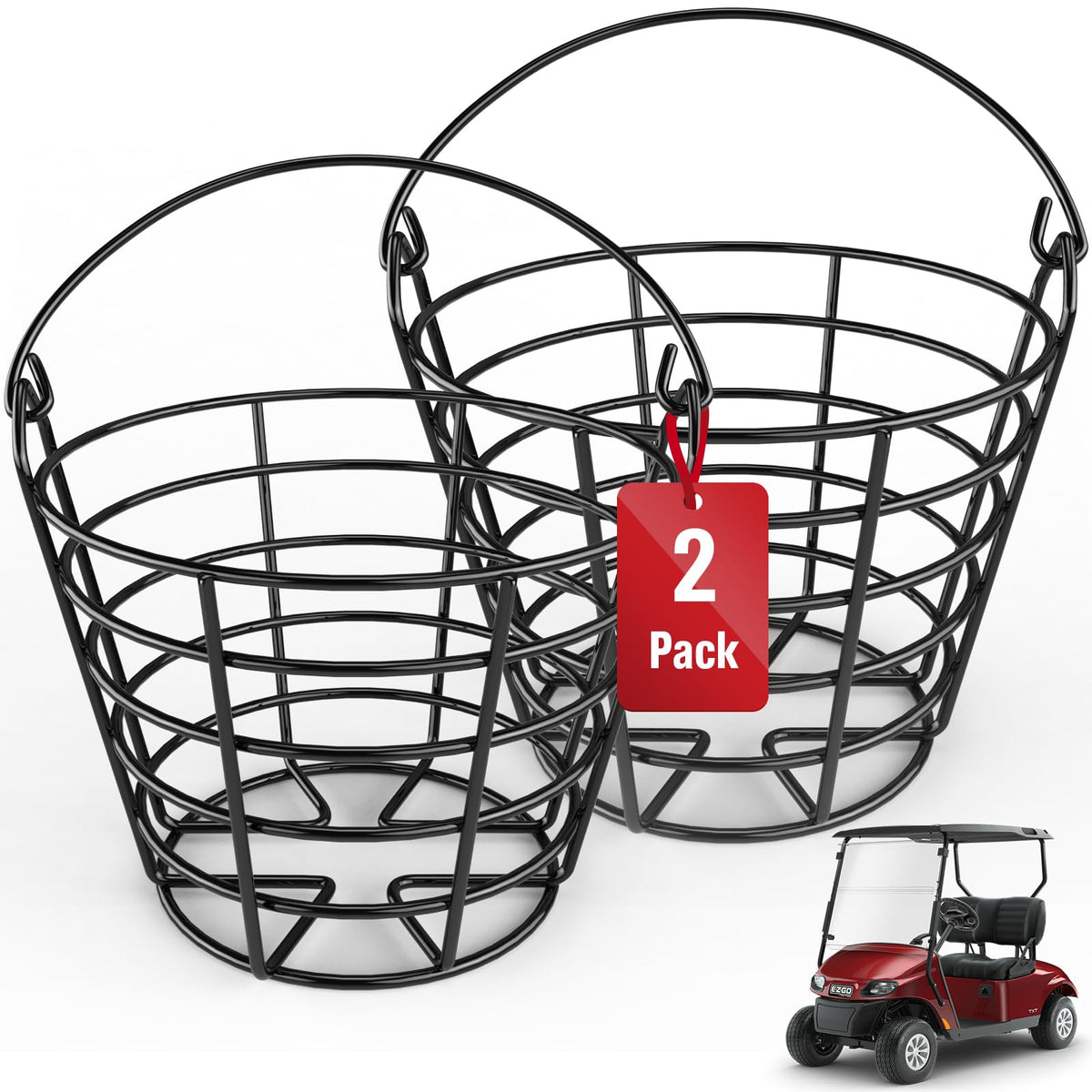 VYYOKMU front view of two metal golf ball baskets showing capacity and portability