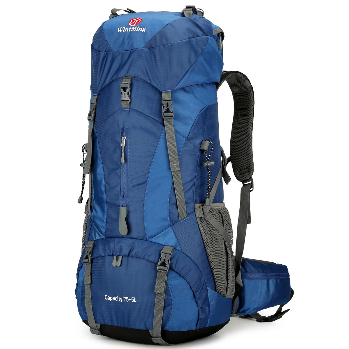 W WINTMING front view of navy 75L backpack showing pockets and volume benefit