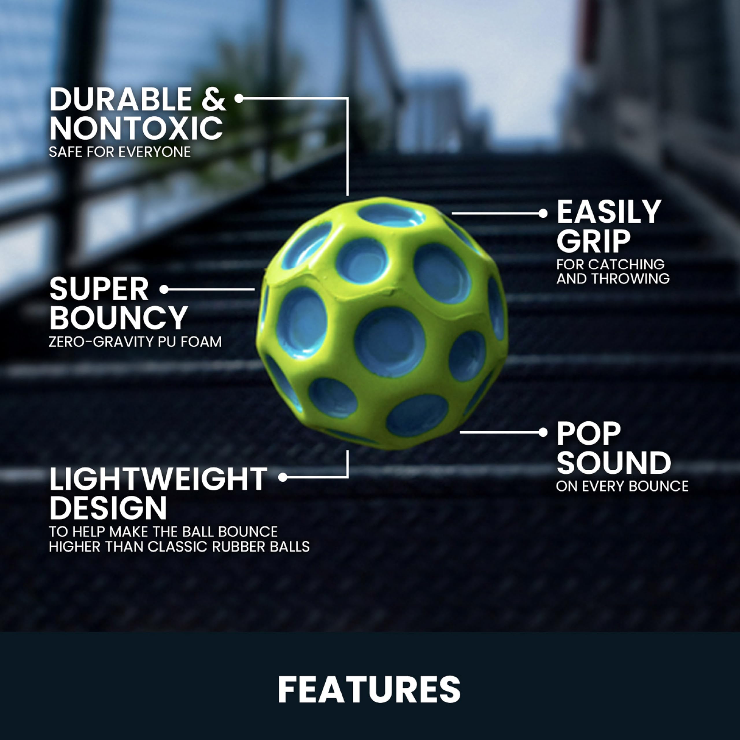 Waboba Moon Ball bouncing on pavement showing wild unpredictable rebound benefit