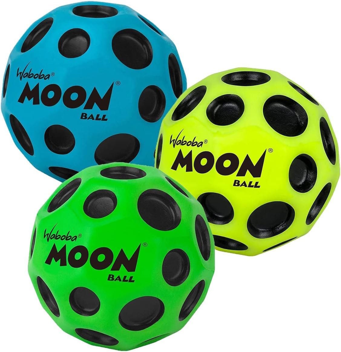 Waboba Moon Balls front view showing all three colors and playful design benefits