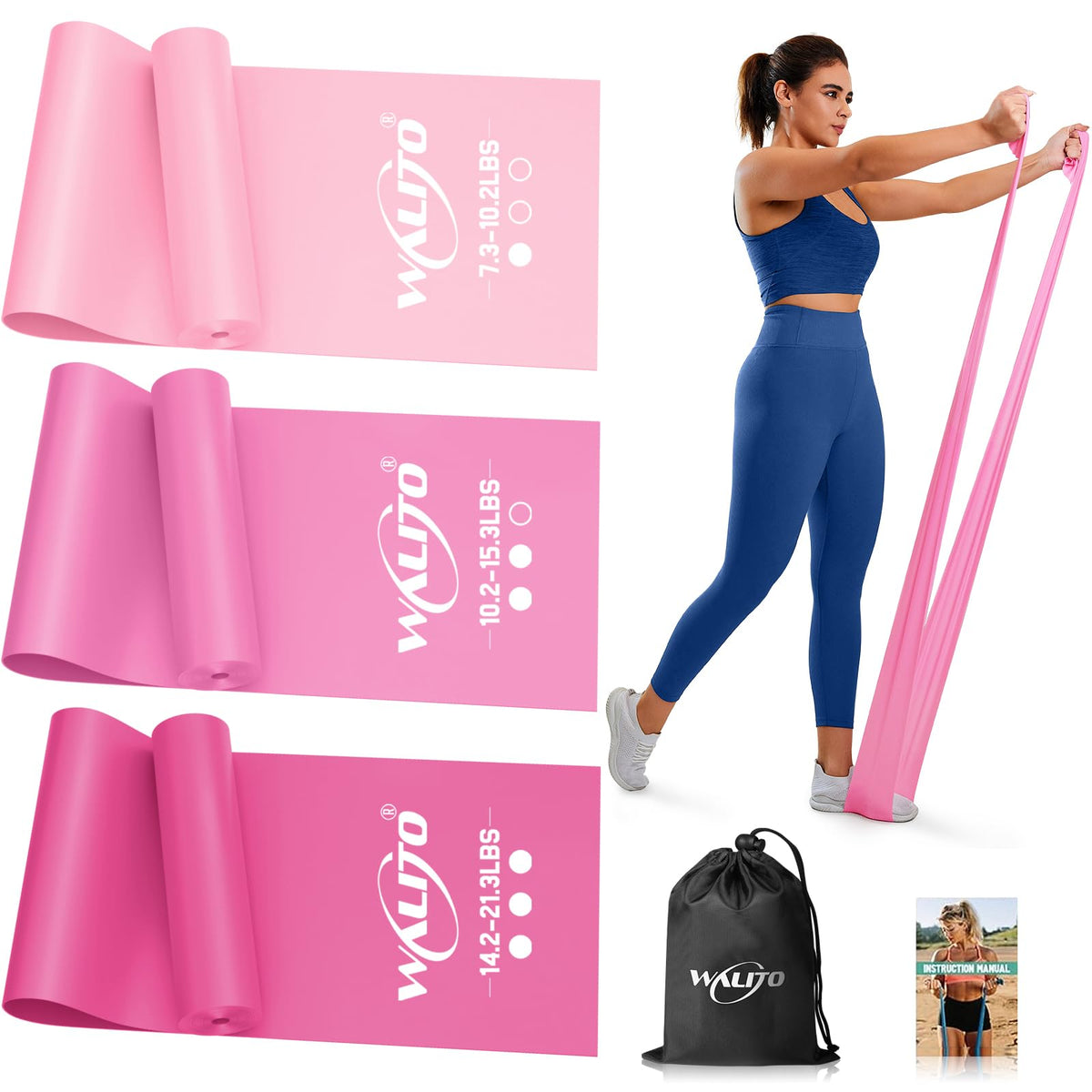 WALITO front packaging shot showing three bands and included bag for easy storage