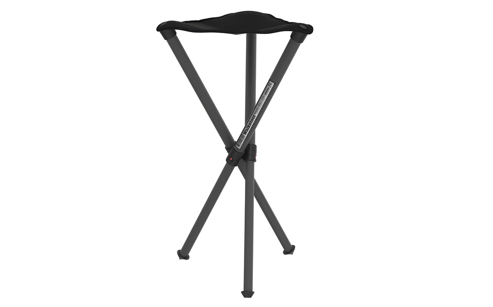 Walkstool front view showing black seat and grey legs, brand stability benefit