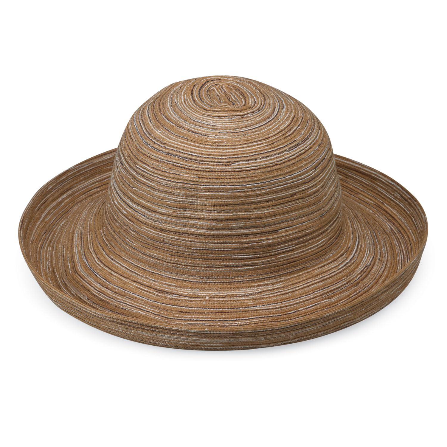 Wallaroo Hat Company front view showing camel hat and wide brim for sun protection