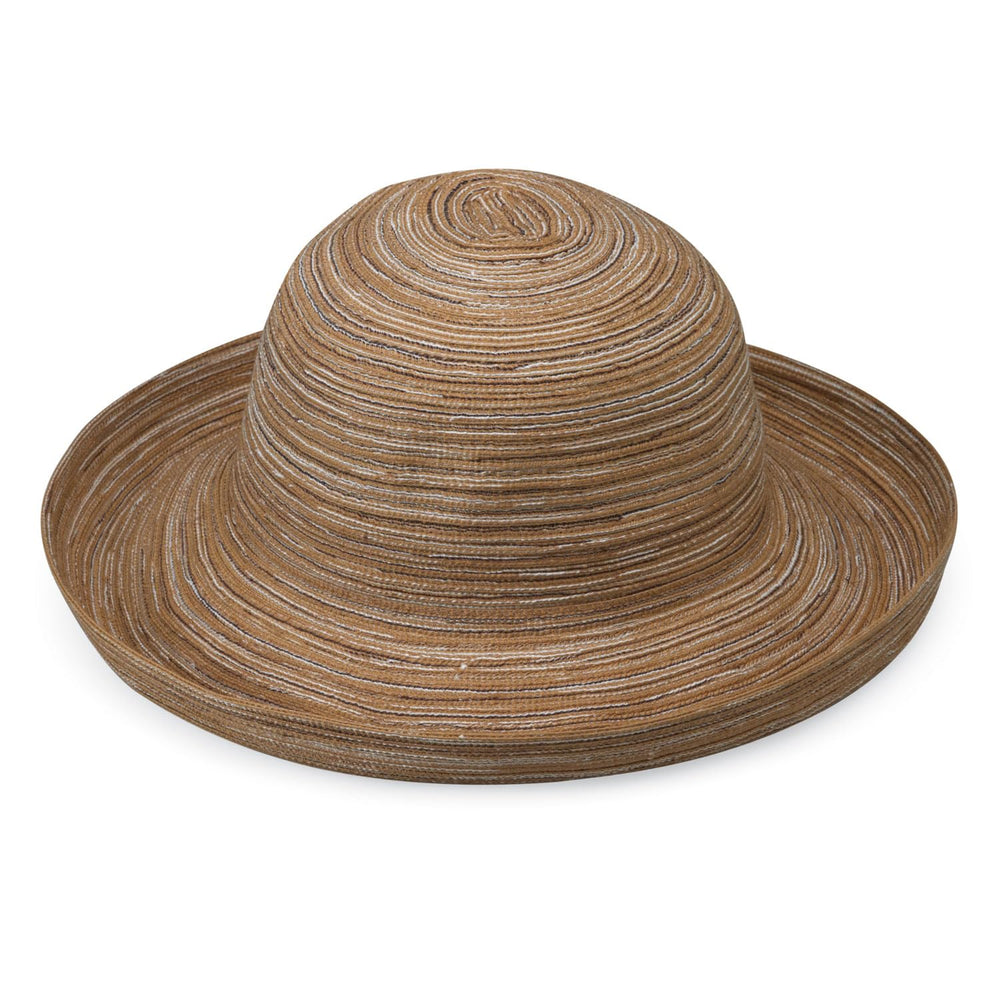 Wallaroo Hat Company front view showing camel hat and wide brim for sun protection