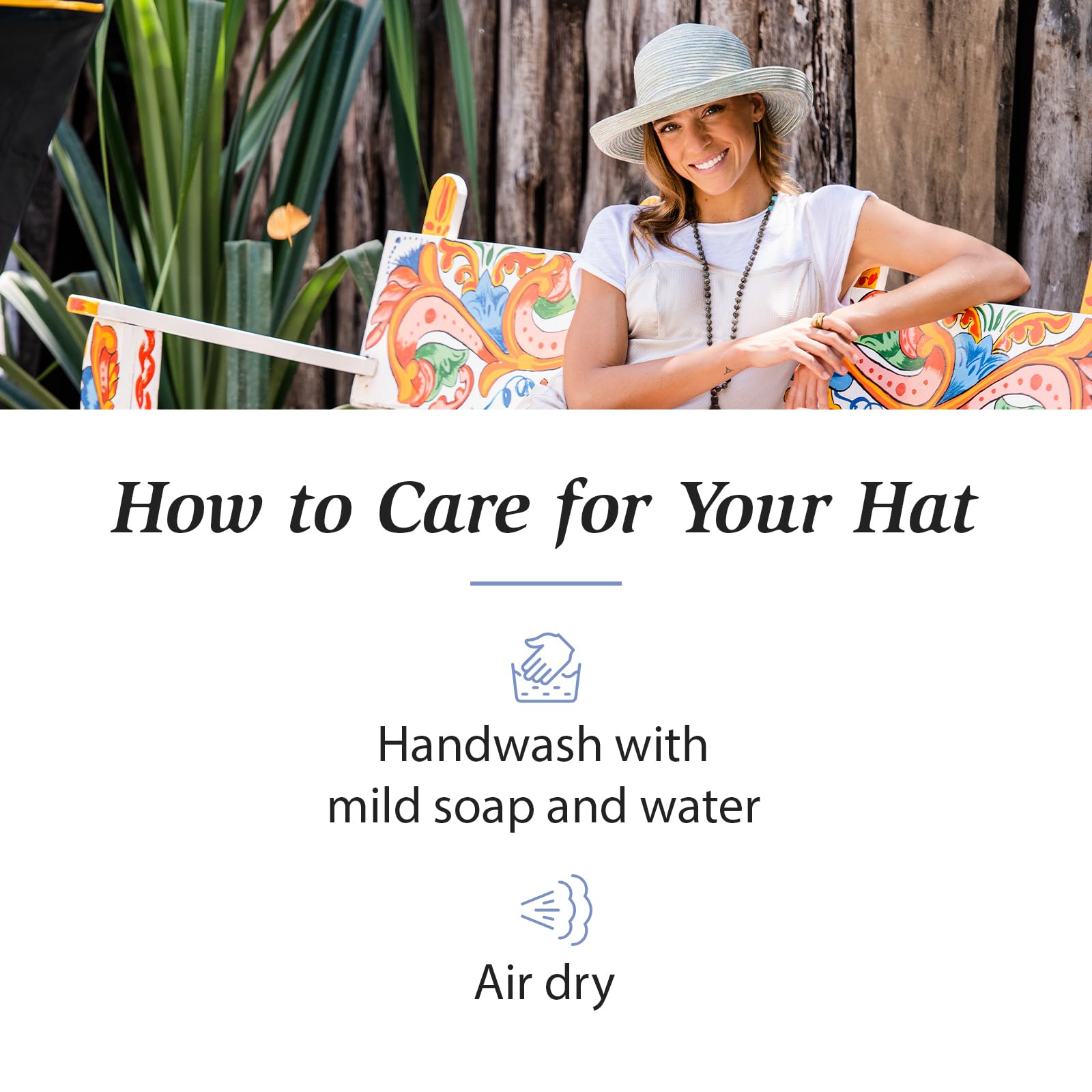 Wallaroo Hat Company model wearing hat at beach showing breathable comfort