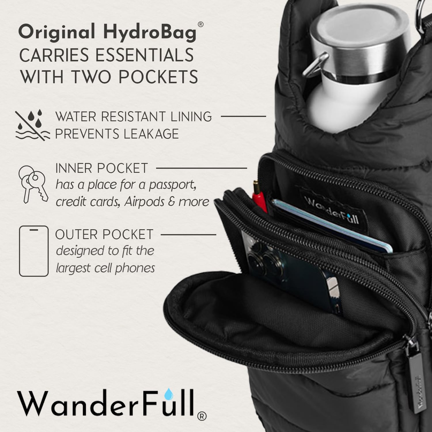Model wearing WanderFull HydroBag crossbody demonstrating hands-free convenience and comfortable carry