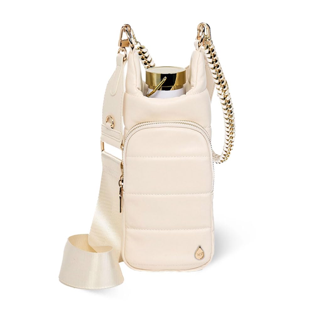 WanderFull HydroBag ivory front view showing elegant quilted vegan leather and secure bottle pocket