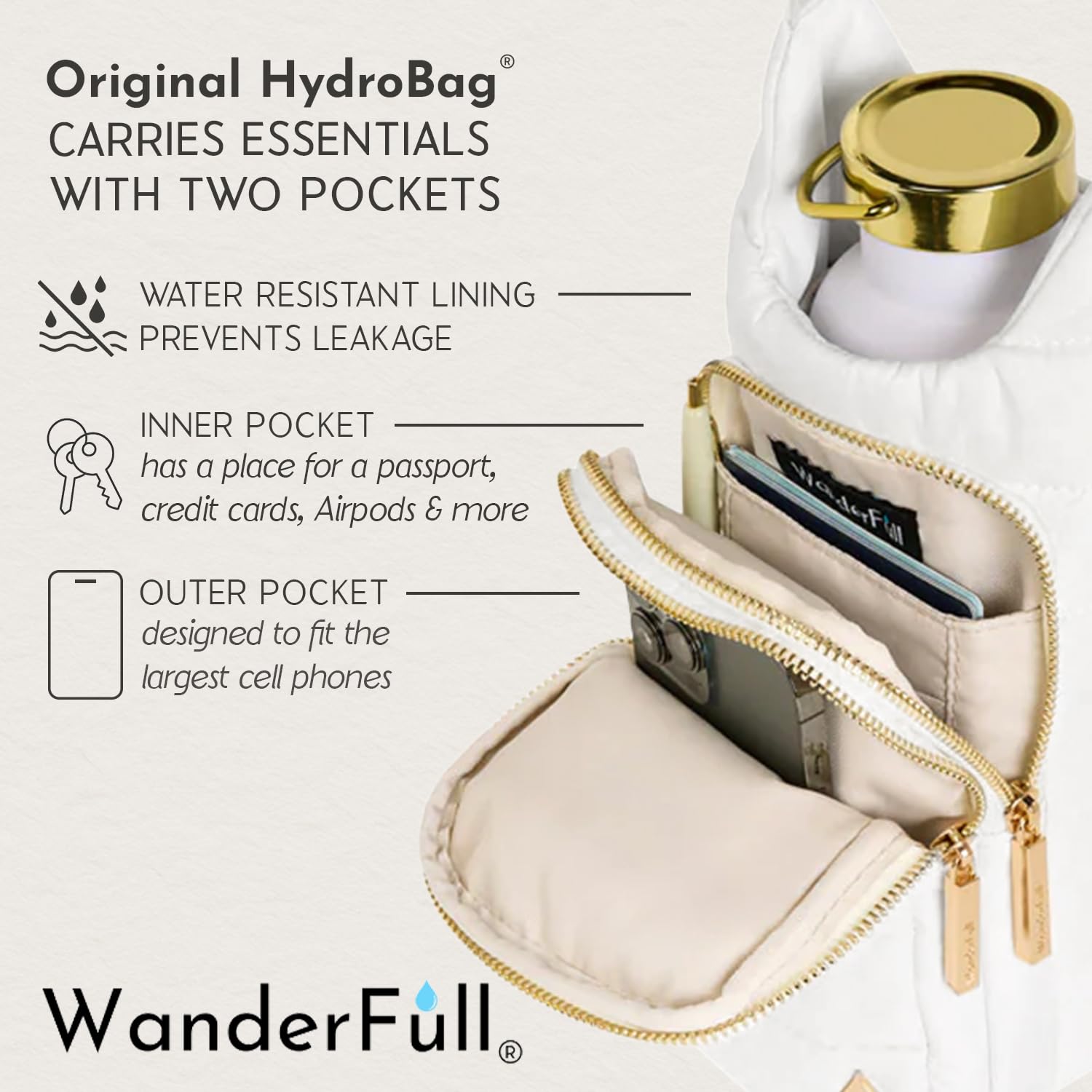 Model wearing WanderFull HydroBag crossbody for comfortable, balanced all-day use