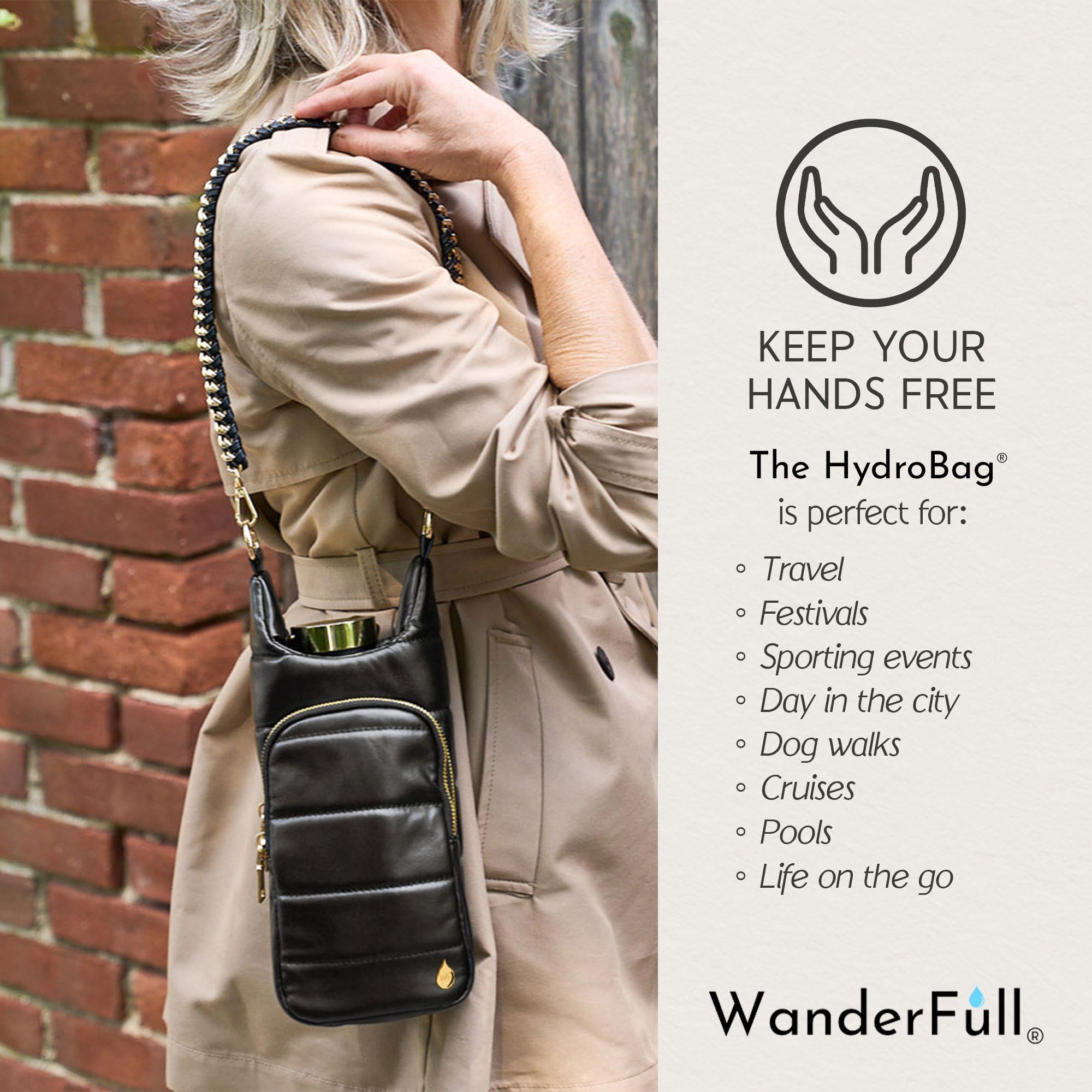 WanderFull HydroBag next to a 32 oz tumbler showing accurate size fit for large bottles