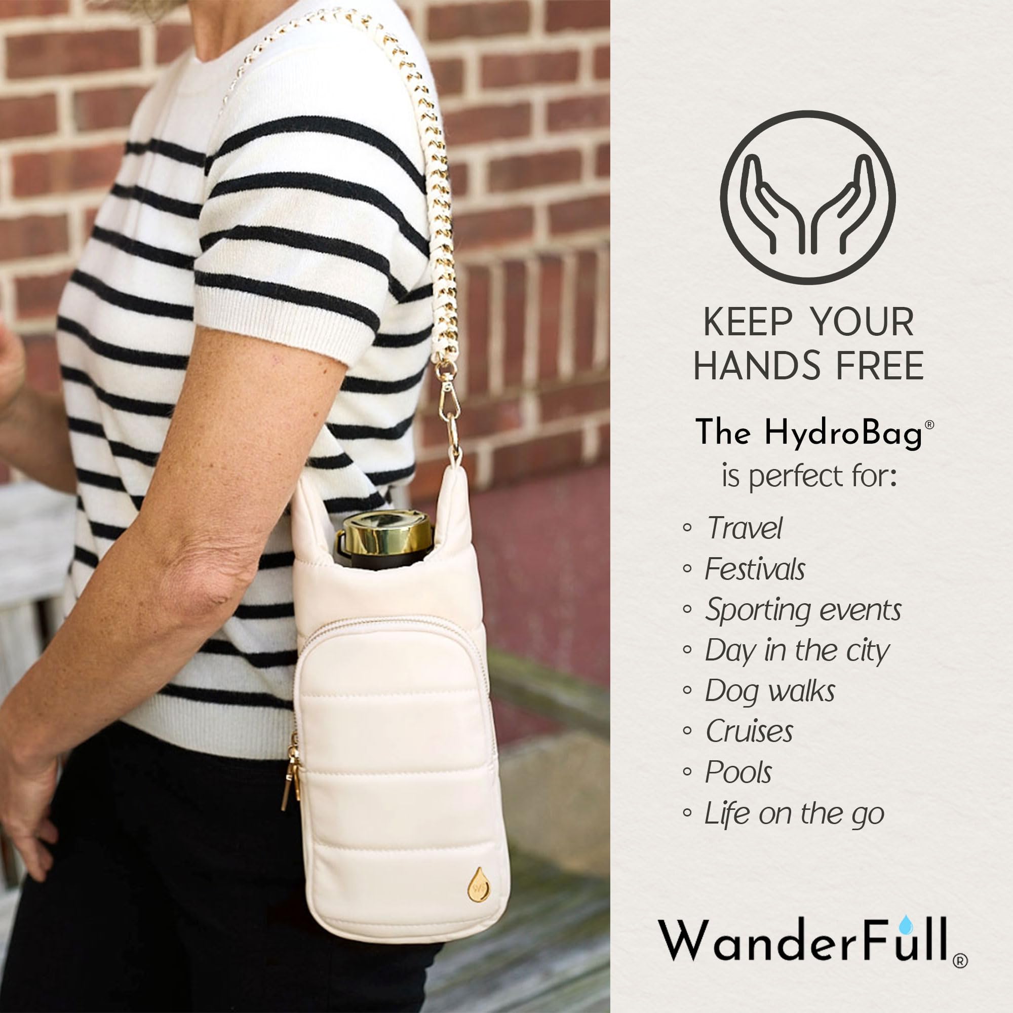 WanderFull HydroBag holding a 32 oz tumbler to show secure, snug bottle fit