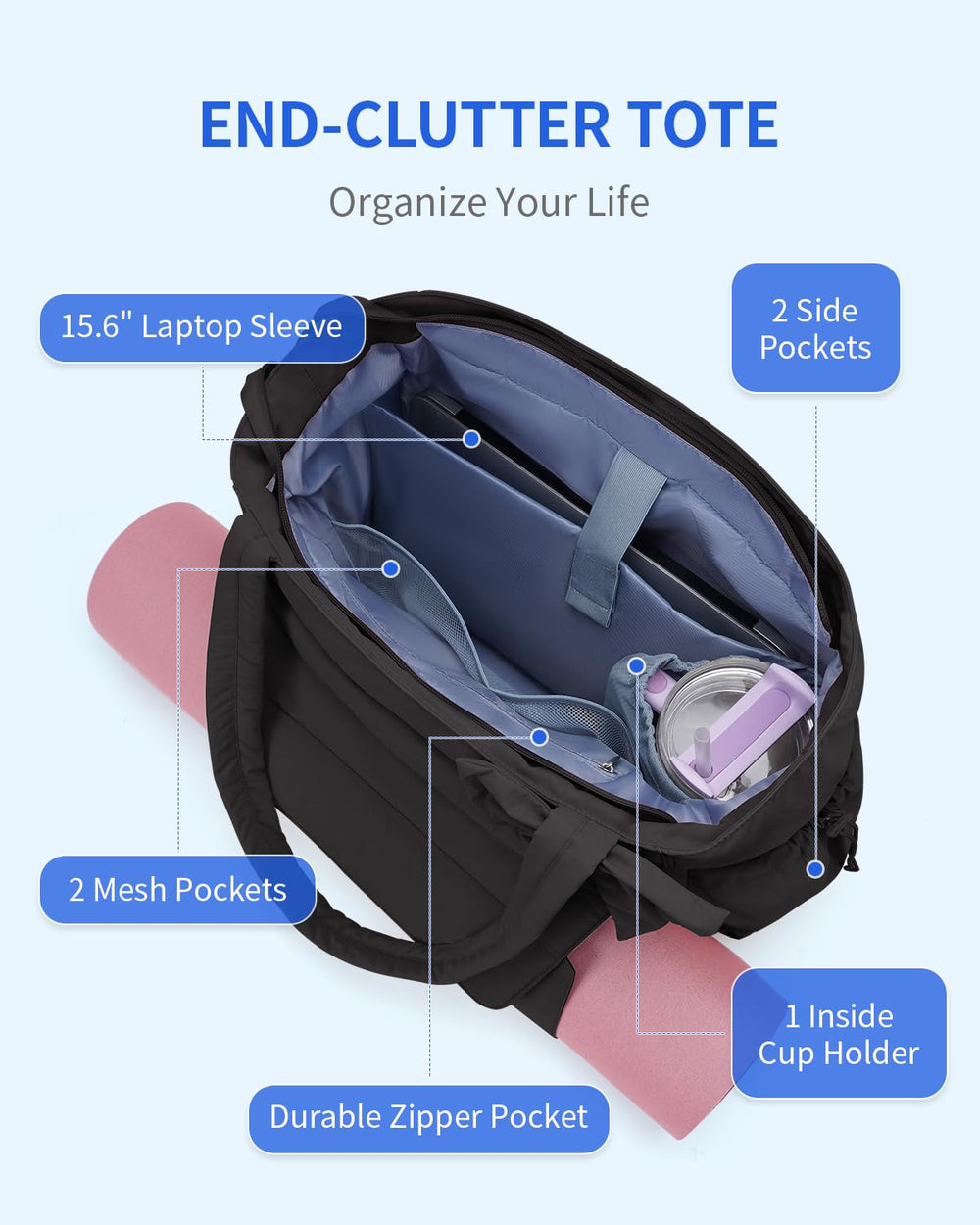 Wandering Nature elastic internal pocket holding a 40oz tumbler upright to avoid tipping