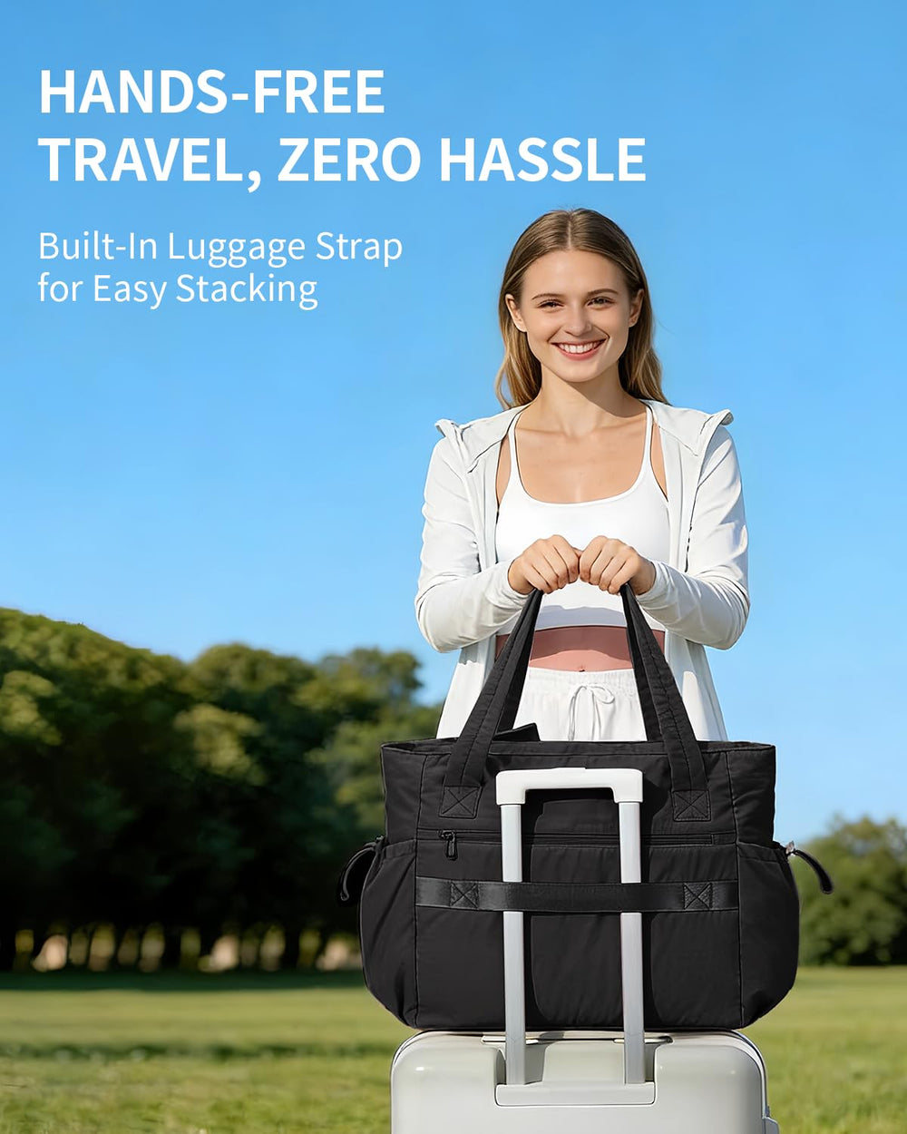 Wandering Nature tote next to a large water bottle showing compact 20L capacity and scale