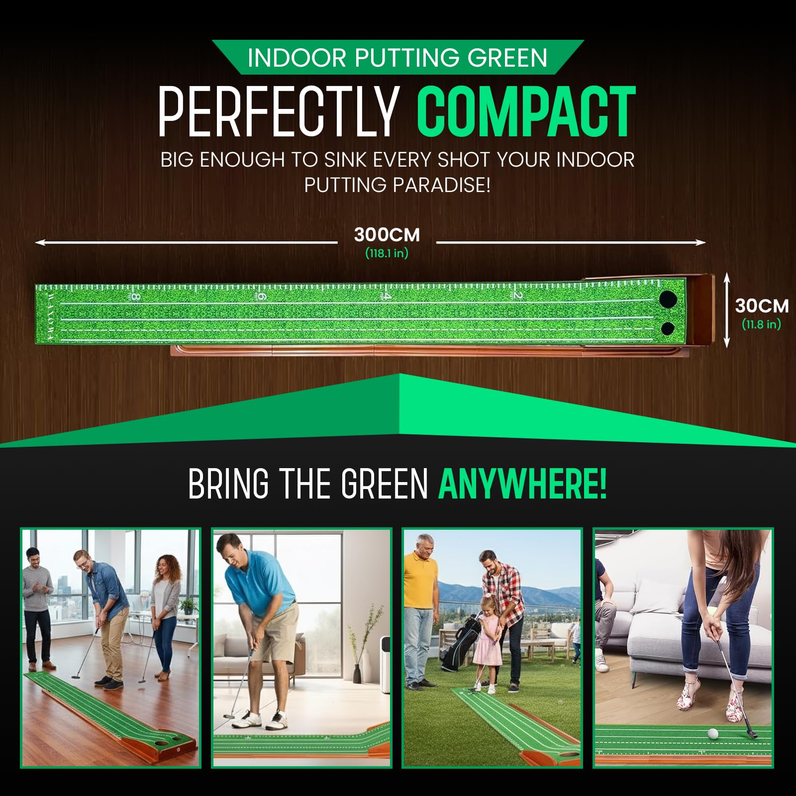 WANOMA putting green beside a putter showing scale and fit for rooms