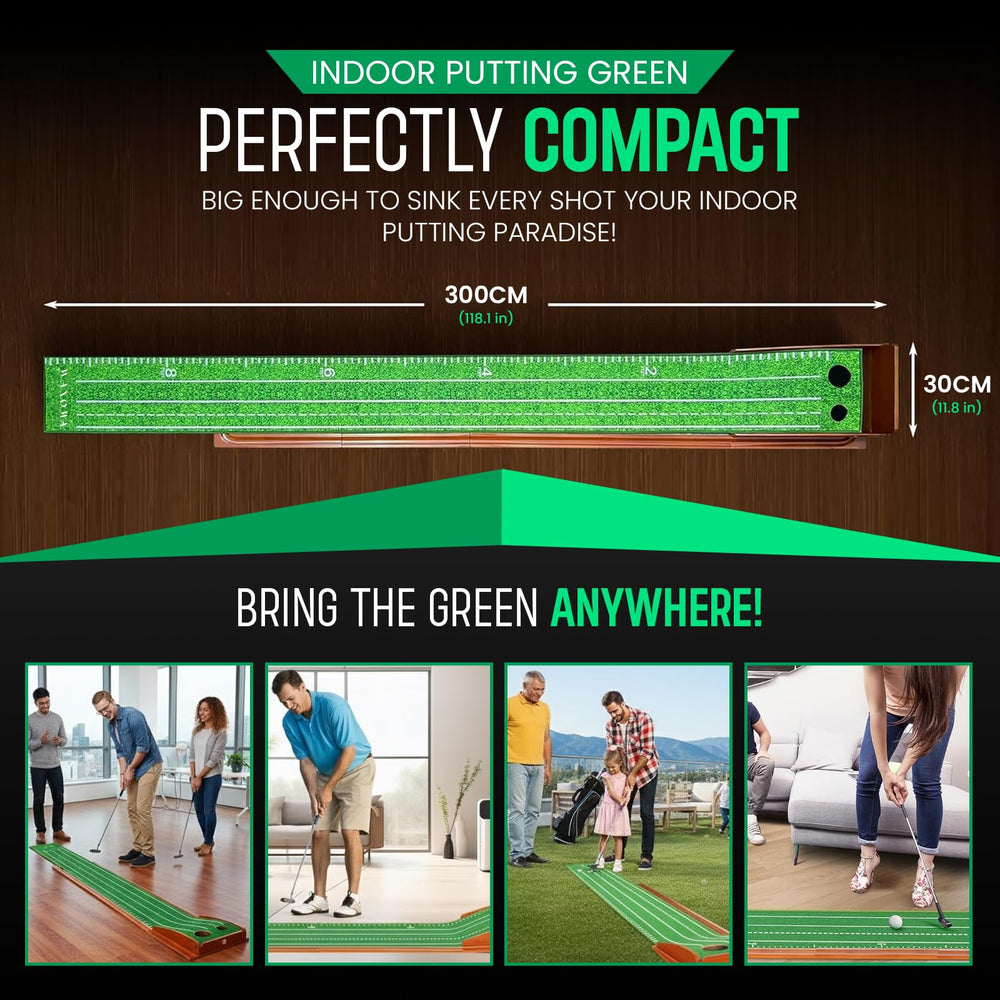 WANOMA putting green beside a putter showing scale and fit for rooms
