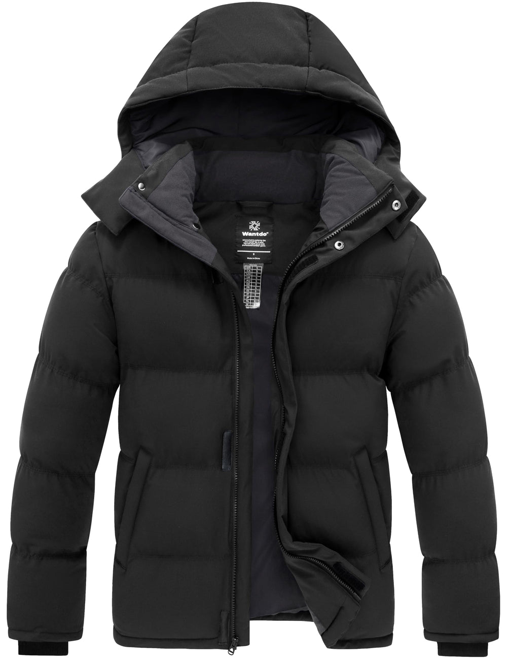 wantdo front view black jacket showing insulated warmth and sleek style