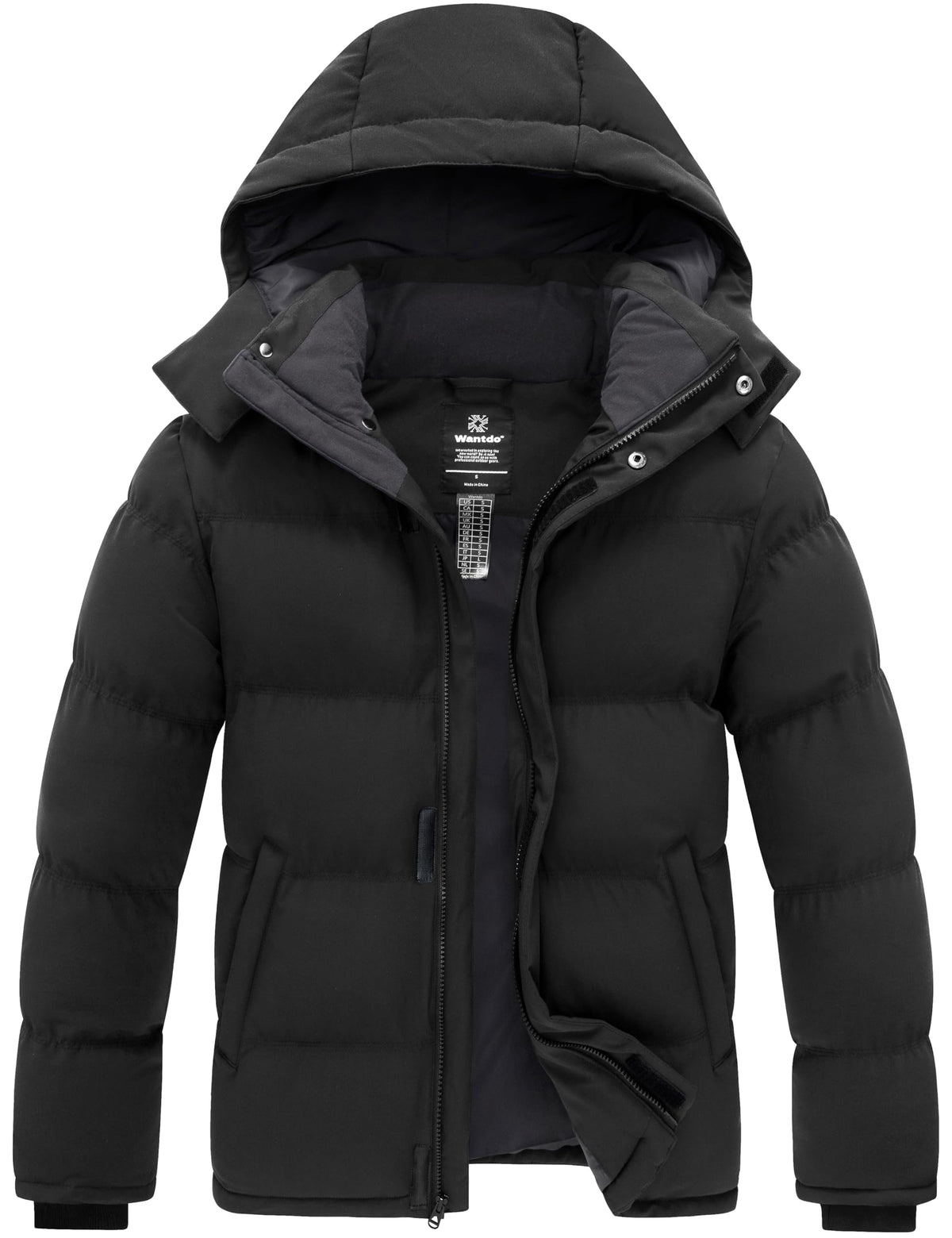 wantdo front view black jacket showing insulated warmth and sleek style