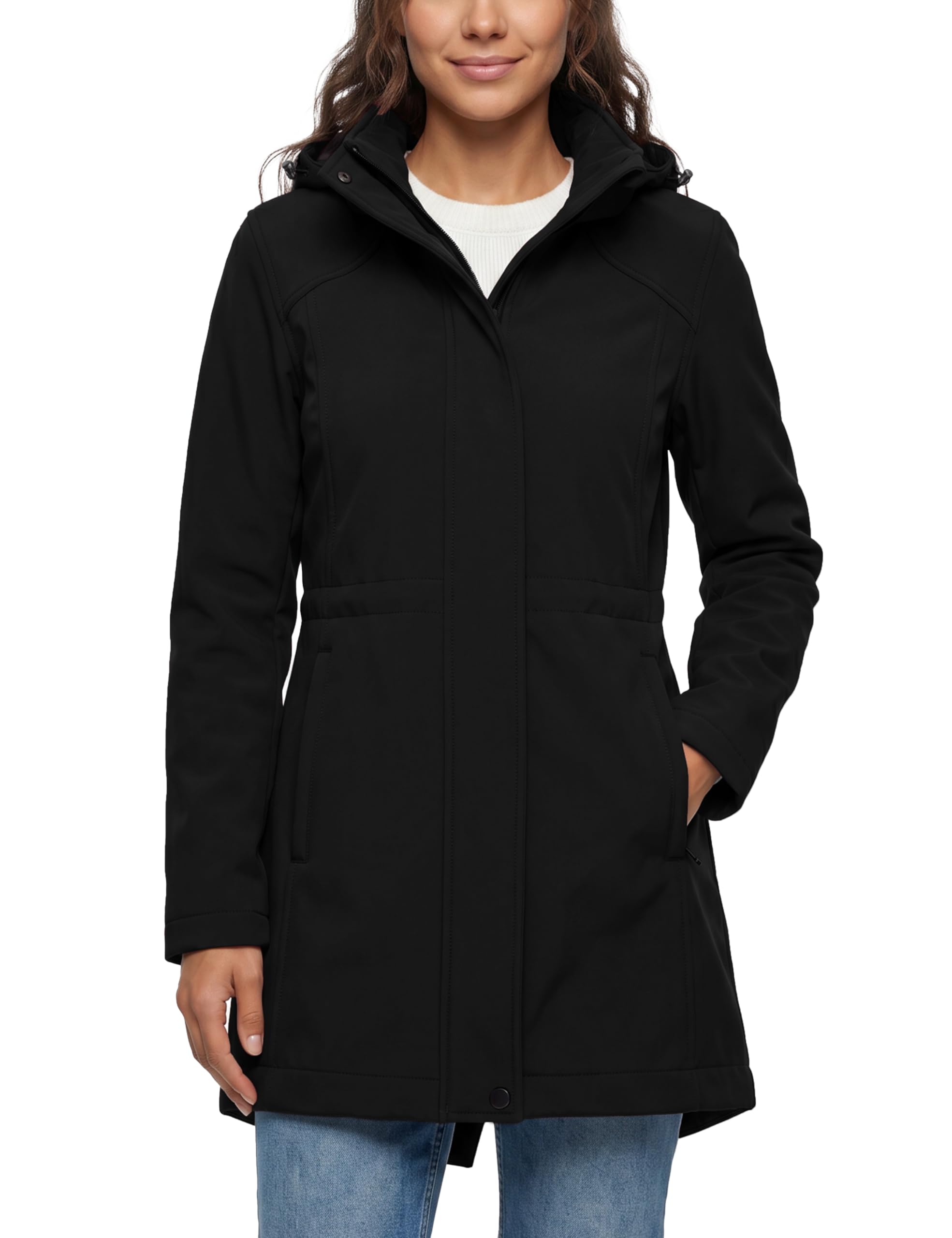 wantdo front view of long black jacket showing sleek protective silhouette and warmth