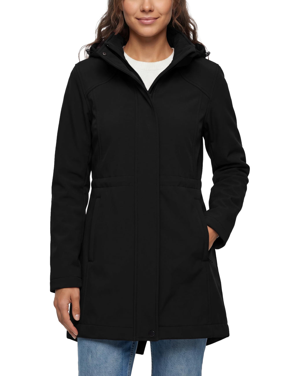 wantdo front view of long black jacket showing sleek protective silhouette and warmth