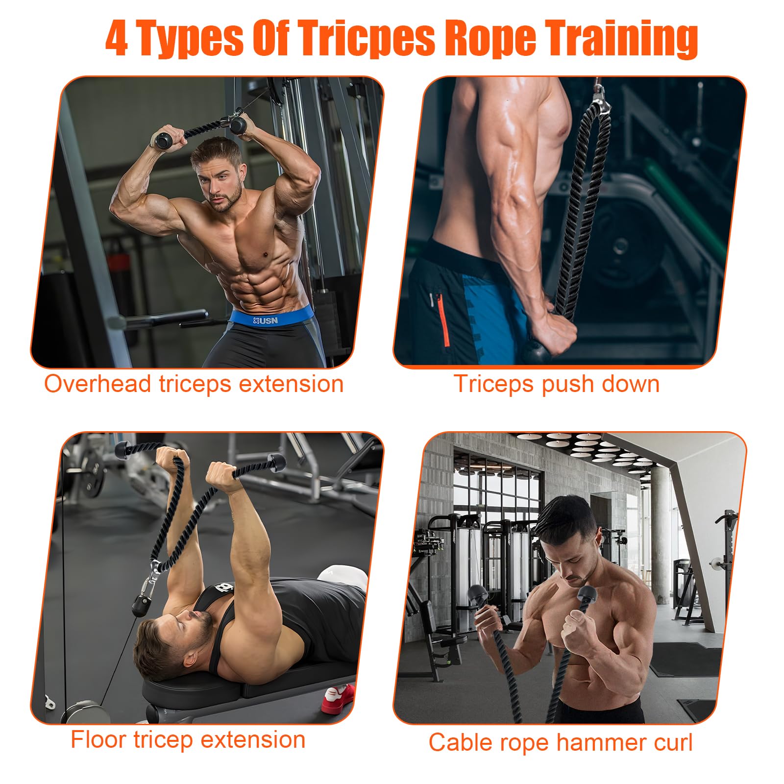 Warmroom rope attached to a cable pulley during a triceps pushdown showcasing exercise use
