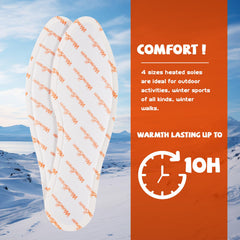 WarmSpark insoles beside a ruler showing L size fit (9.5–11) benefit