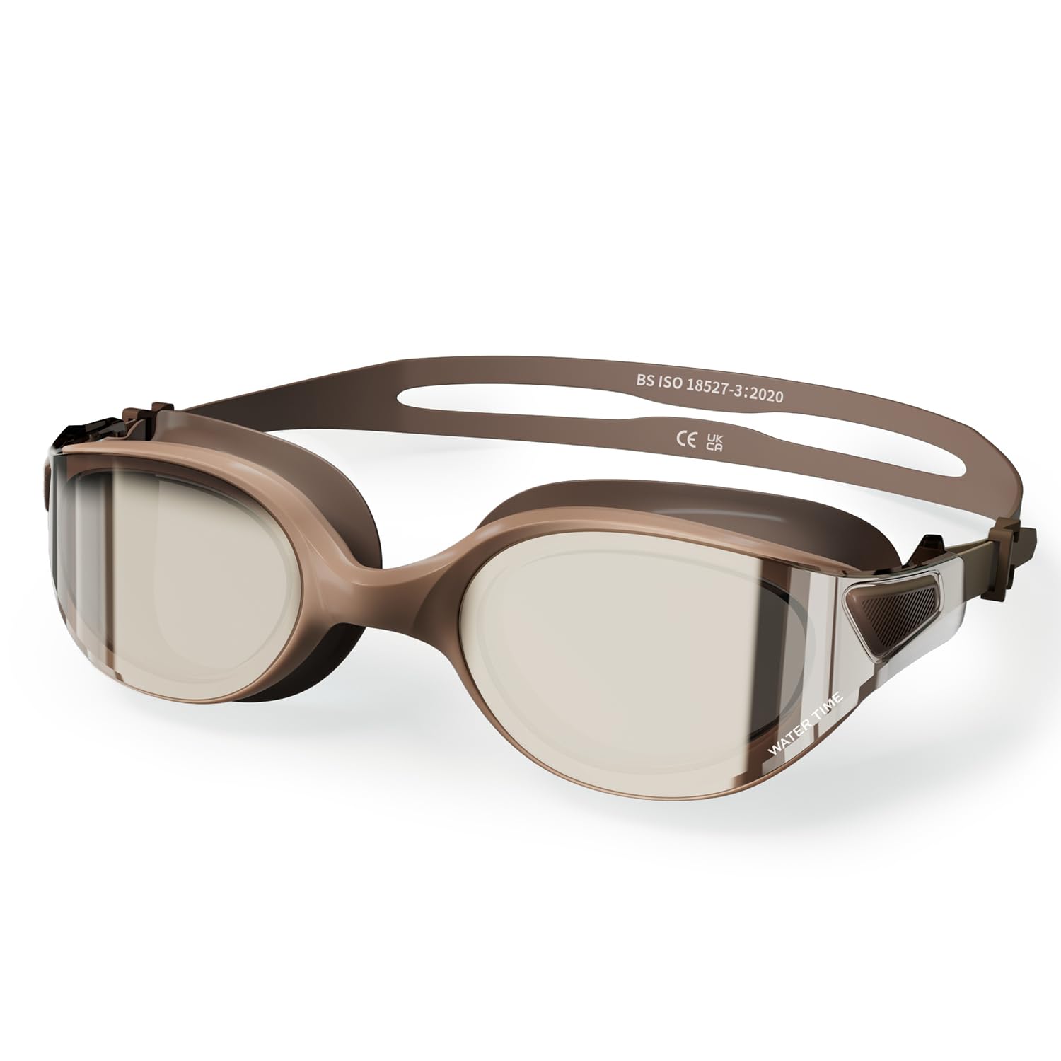 WATER TIME front view of goggles showing streamlined design and clear lens benefit