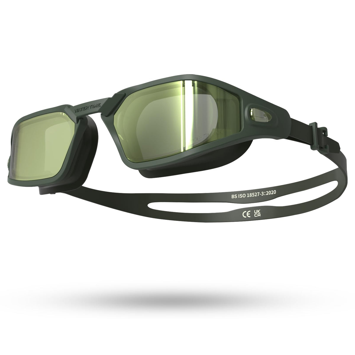 WATER TIME front view of green goggles showing comfortable large frame and seal