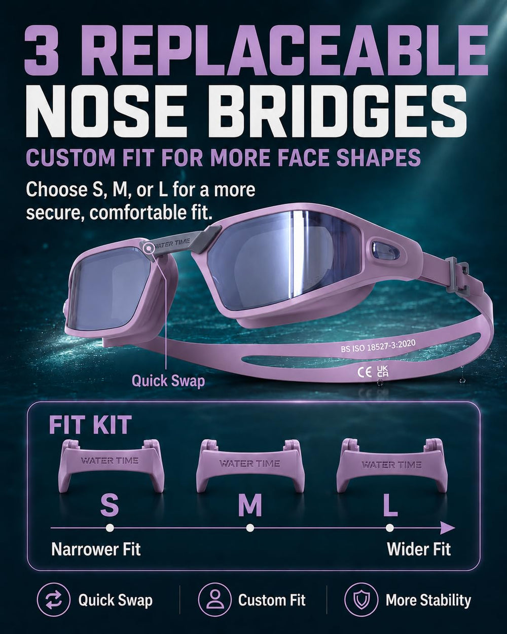 WATER TIME goggles next to hand showing size comparison and comfortable scale benefit